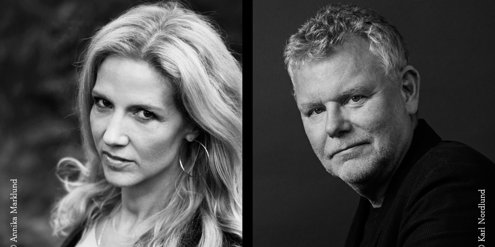 Collage of two black-and-white portrait photos. On the left, a female-presenting person with blonde wavy hair and hoop earrings; on the right, a male-presenting person with short hair and a dark collar. Both look serious., © Annika Marklund / Karl Nordlund Collage of two black-and-white portrait photos. On the left, a female-presenting person with blonde wavy hair and hoop earrings; on the right, a male-presenting person with short hair and a dark collar. Both look serious., © Annika Marklund / Karl Nordlund