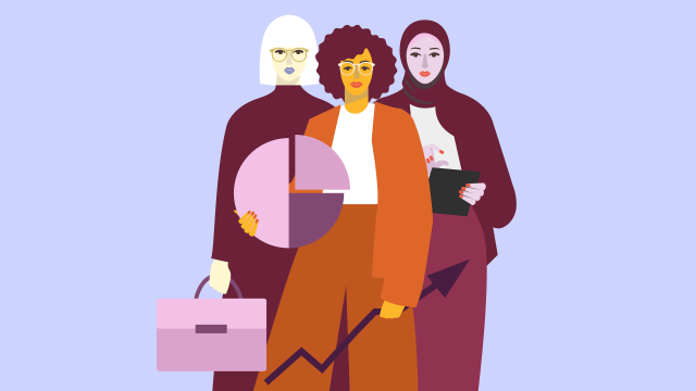 Grafik mit drei Frauen und einem symbolischen Kuchendiagram, © Grafik: Basics09 Grafik mit drei Frauen und einem symbolischen Kuchendiagram, © Grafik: Basics09