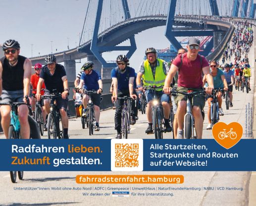 Fahrradsternfahrt über die Köhlbrandbrücke, © Fahrradsternfahrt 2026 Fahrradsternfahrt über die Köhlbrandbrücke, © Fahrradsternfahrt 2026