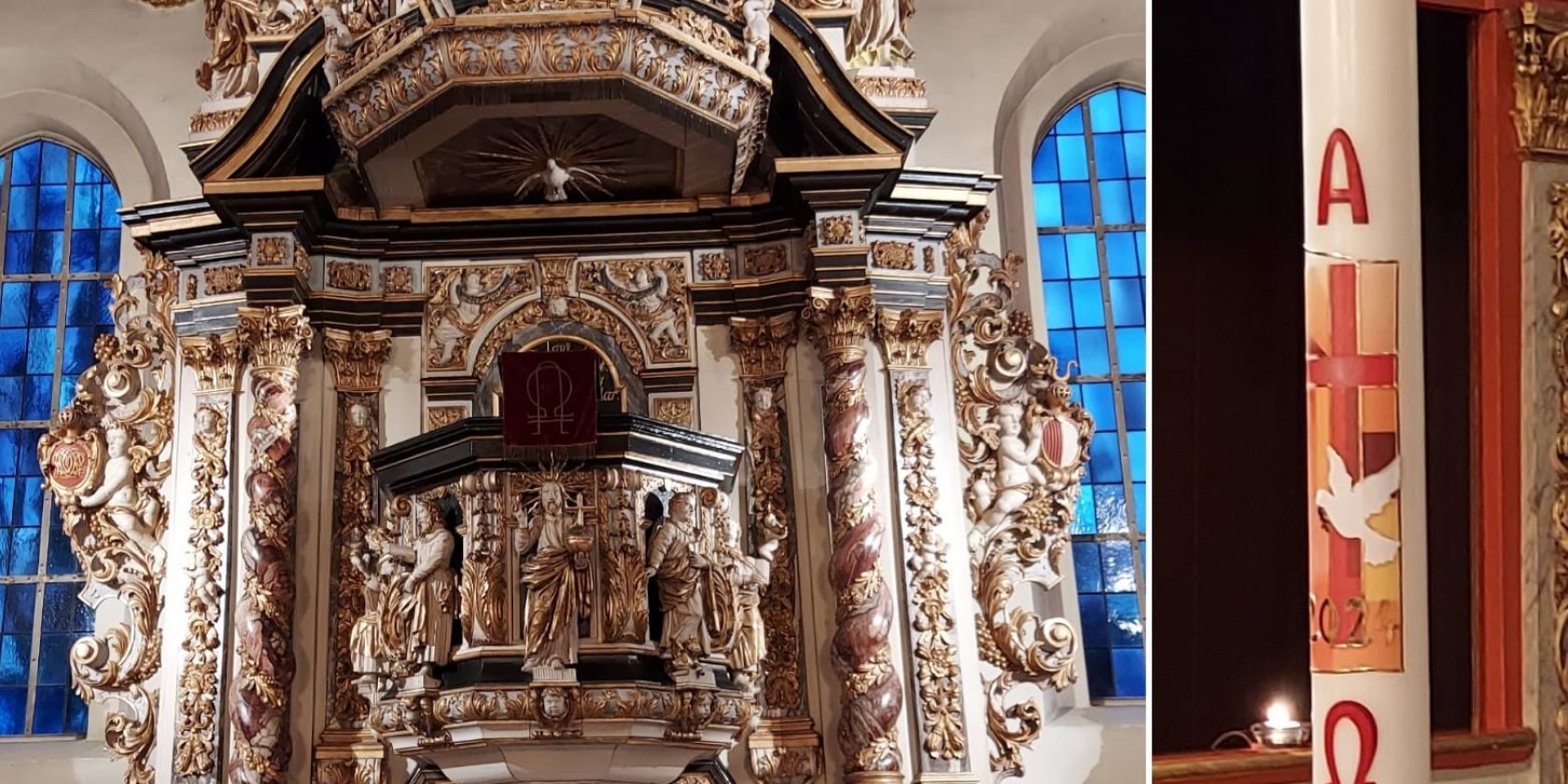 Altar der Schloßkirche und Taufkerze, © ©Sabine Chr. Lübke Altar der Schloßkirche und Taufkerze, © ©Sabine Chr. Lübke