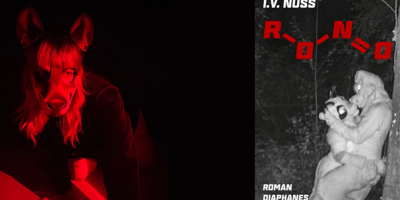 Eine Person in einem Fursuit wird in rotem Licht angeleuchtet. Nebendran ist das Buchcover von »R-O-N=O«., © I.V. NUSS Eine Person in einem Fursuit wird in rotem Licht angeleuchtet. Nebendran ist das Buchcover von »R-O-N=O«., © I.V. NUSS