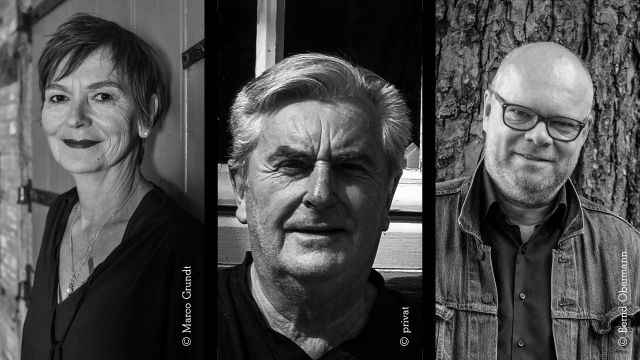 Collage of three black-and-white portrait photos. On the left, a female-presenting person with short hair, a long necklace, and a deep V-neckline; to the right, two male-presenting persons, one with gray hair and one bald with glasses., © Marco Grundt / privat / Bernd Obermann Collage of three black-and-white portrait photos. On the left, a female-presenting person with short hair, a long necklace, and a deep V-neckline; to the right, two male-presenting persons, one with gray hair and one bald with glasses., © Marco Grundt / privat / Bernd Obermann