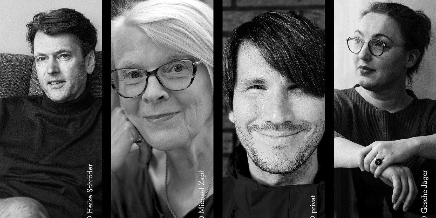 Collage of four black-and-white portrait photos, two of which are read as female and two as male, and predominantly younger-looking., © Heike Schröder / Michael Zapf / privat / Gesche Jäger Collage of four black-and-white portrait photos, two of which are read as female and two as male, and predominantly younger-looking., © Heike Schröder / Michael Zapf / privat / Gesche Jäger