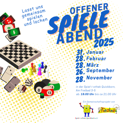 Spieleabend 2025 Übersicht Spiel-i-othek Quickborn, © Spiel-i-othek Quickborn e.V. Spieleabend 2025 Übersicht Spiel-i-othek Quickborn, © Spiel-i-othek Quickborn e.V.