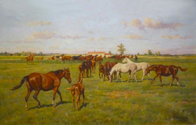 Gemischtfarbige Mutterstutenherde auf dem Vorwerk Bajohrgallen des Hauptgestüts Trakehnen, nach einem Gemälde von Georg Koch, um 1960, © Ostpreußisches Landesmuseum