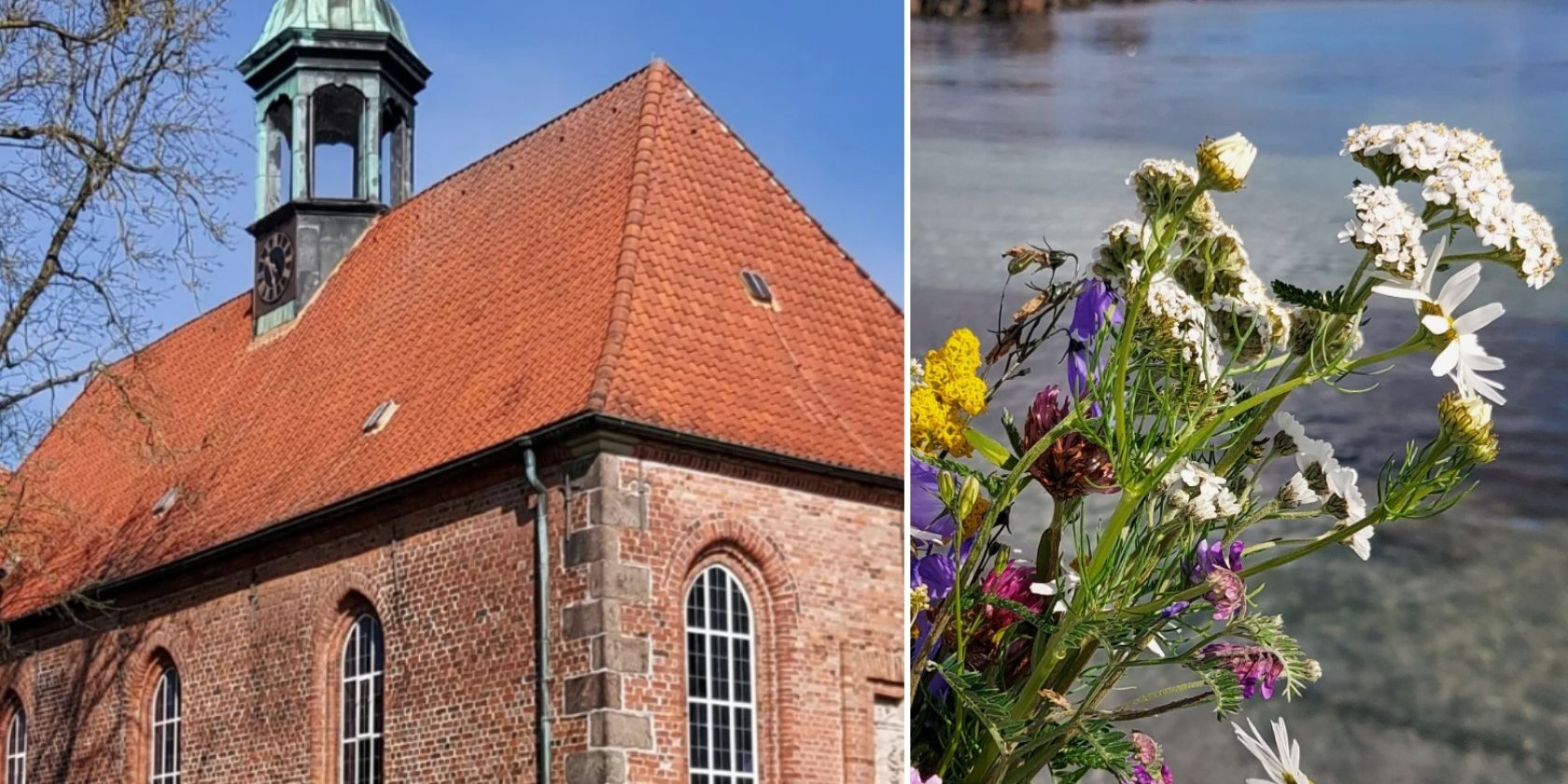 Au&szlig;enansicht Schlo&szlig;kirche - Blumen am Strand vor Wasser, &copy; &copy;Sabine Chr. L&uuml;bke
