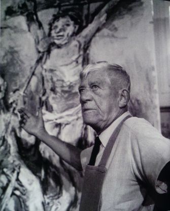 K&uuml;nstler im Atelier vor Gem&auml;lde, &copy; Detlefsen-Museum Gl&uuml;ckstadt