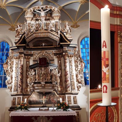 Altar der Schlo&szlig;kirche und Taufkerze, &copy; &copy;Sabine Chr. L&uuml;bke