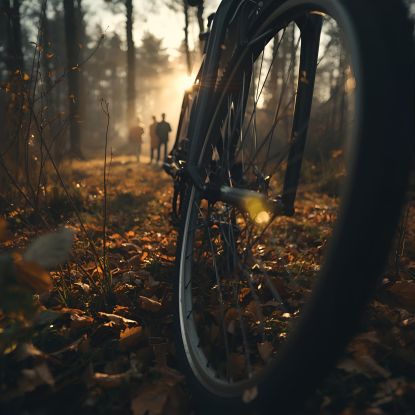 Vordergrund_ angeschnittene Seitenansicht des vorderen Fahrradteils, scharf fokussiert — hauptsächlich Reifen und Felge, sichtbare Speichen, Reifenprofil und Teil der Vordergabel, in der Bildmitte. Blick durch die Speich, © Bild erstellt mit KI (2025) von Falko Einhorn