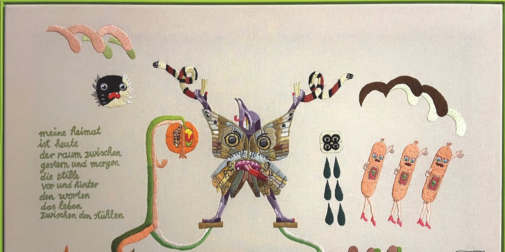 Miriam Zadil, auskunft, gesticktes Gedicht von May Ayim, 2026, Garn auf Nessel, 46 x 76 cm, &copy; Miriam Zadil