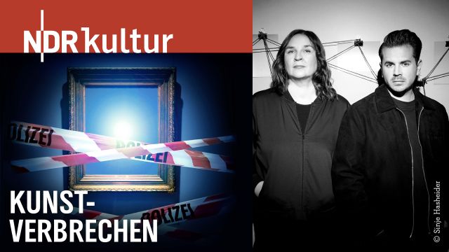 Collage from the NDR Kultur podcast logo “Art Crime” and a black-and-white photo of the two podcast hosts, dressed in dark clothing and standing in front of stretched strings. The podcast cover shows an empty picture frame with streched police tape., © Sinje Hascheider