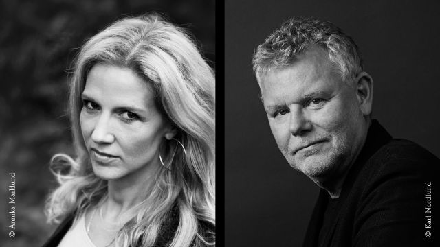 Collage of two black-and-white portrait photos. On the left, a female-presenting person with blonde wavy hair and hoop earrings; on the right, a male-presenting person with short hair and a dark collar. Both look serious., © Annika Marklund / Karl Nordlund