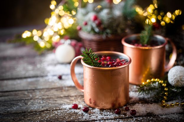 Mulled wine with cranberry in copper mug with christmas decorations on wooden table, © Petrrgoskov – stock.adobe.com“