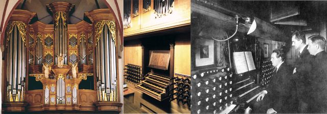 120625, © Abb.: Hans Henny Jahnn vor der Schnitger Orgel | Die Schnitger Orgel heute.  Gemeindearchiv St. Jacobi