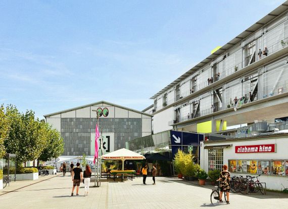 View of the Kampnagel building, the piazza, the Peacetanbul restaurant, and the Alabama cinema., © Lacaton & Vassal