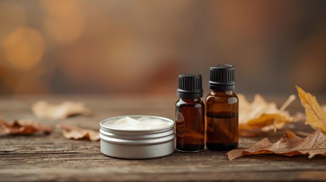 Eine kleine Dose mit Erkältungsbalsam, daneben zwei Fläschen mit ätherischen Ölen und schlichtem, herbstlichem Hintergrund., © KI generiert