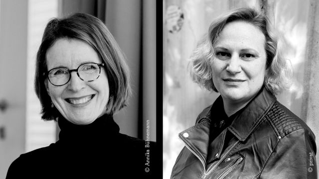Collage of two black-and-white portrait photos of two middle-aged women. Both have chin-length hair, one wears glasses and a dark turtleneck. The other has light curls and wears a dark leather jacket., © Annika Bühnemann / privat