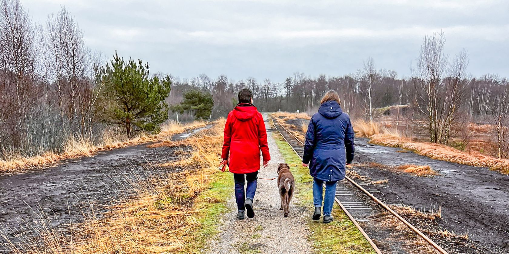 Zwei Menschen spazieren mit einem Hund in der Mitte durch das Himmelmoor., &copy; Johanniter-Unfall-Hilfe e.V.
