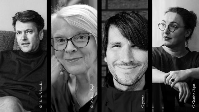 Collage of four black-and-white portrait photos, two of which are read as female and two as male, and predominantly younger-looking., © Heike Schröder / Michael Zapf / privat / Gesche Jäger