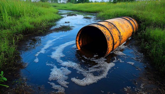 An old orange barrel lays in polluted water with green grass, © Kim / stock.adobe.com