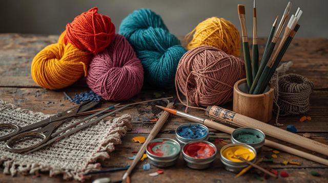 Erstelle ein Bild mit verschiedenen Handarbeitsmaterialien, wie Scheren, Garn, Nadeln, Pinsel, Farben und weiteren, die auf einem Holztisch liegen mit hellem, neutralen Hintergrund.(1), &copy; KI generiert