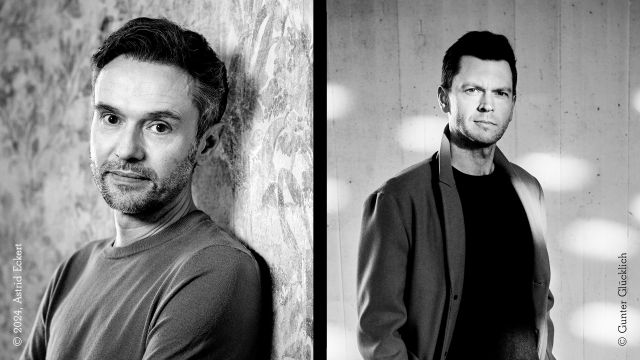 Collage of two black-and-white portrait photos of two middle-aged men, the one on the left with a beard and rather casual clothing, the one on the right wearing a blazer., © Astrid Eckert / Gunter Glücklich