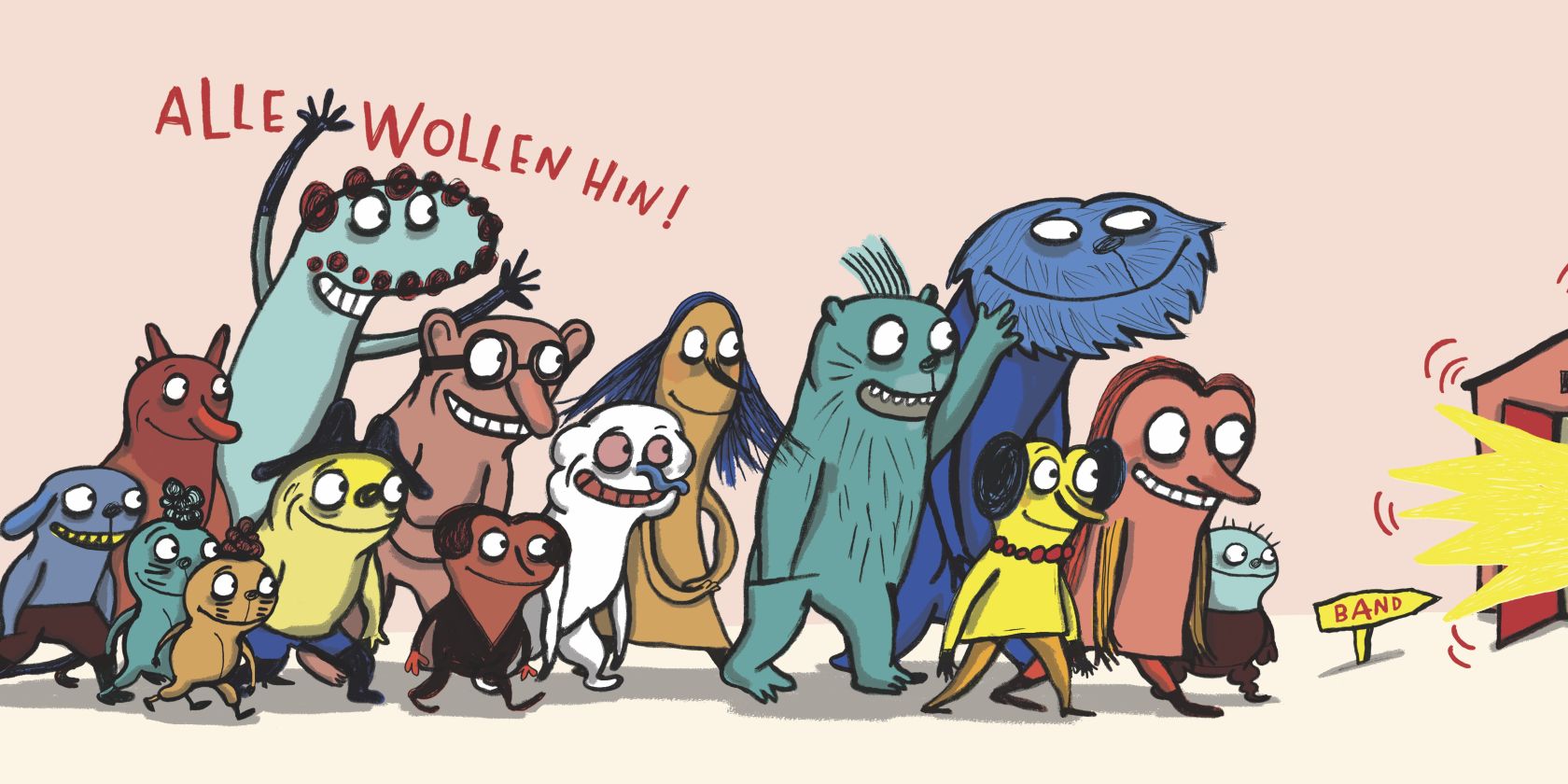 Alle wollen hin, © Illustarion: Nadia Budde aus "Die Band, die keiner kennt",  Peter Hammer Verlag, Wuppertal 2024.