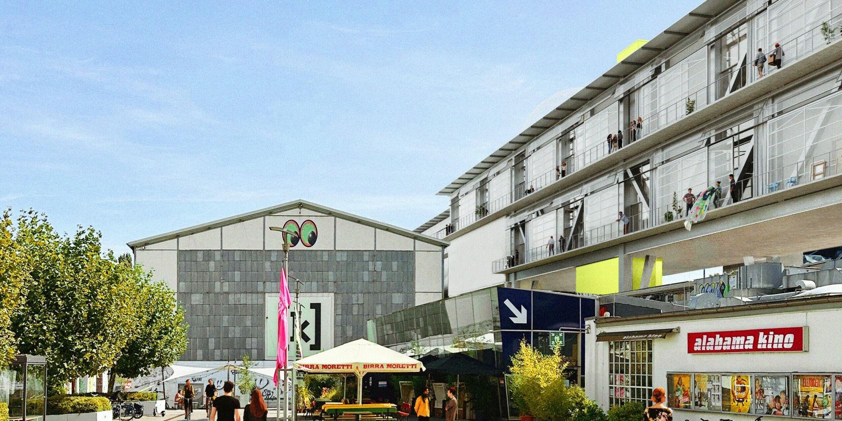View of the Kampnagel building, the piazza, the Peacetanbul restaurant, and the Alabama cinema., © Lacaton & Vassal