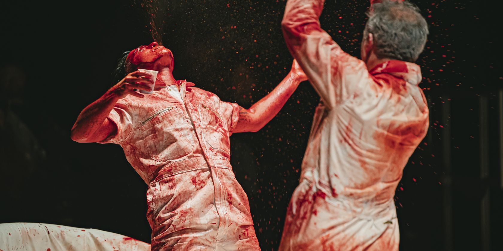 Excerpt from the performance Blood Show by Ocean Hester Stefan Chillingworth. Two performers are shown in close-up., &copy; Kirsten Mc Ternan