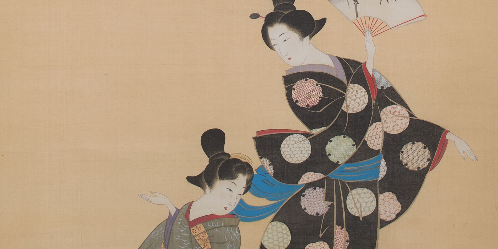 MK&G_InspirationJapan_SlgWalterGebhard_SuzukiKiitsu_T&auml;nzerinnen_Detail_FotoTobiasEckmann, &copy; Suzuki Kiitsu, T&auml;nzerinnen (Detail), Japan, 1. H. 19. Jh., H&auml;ngerolle, MK&G, Erworben mit Mitteln der Campe&rsquo;schen Historischen Kunststiftung aus der Sammlung Walter Gebhard, Foto: MK&G/Tobias Eckmann