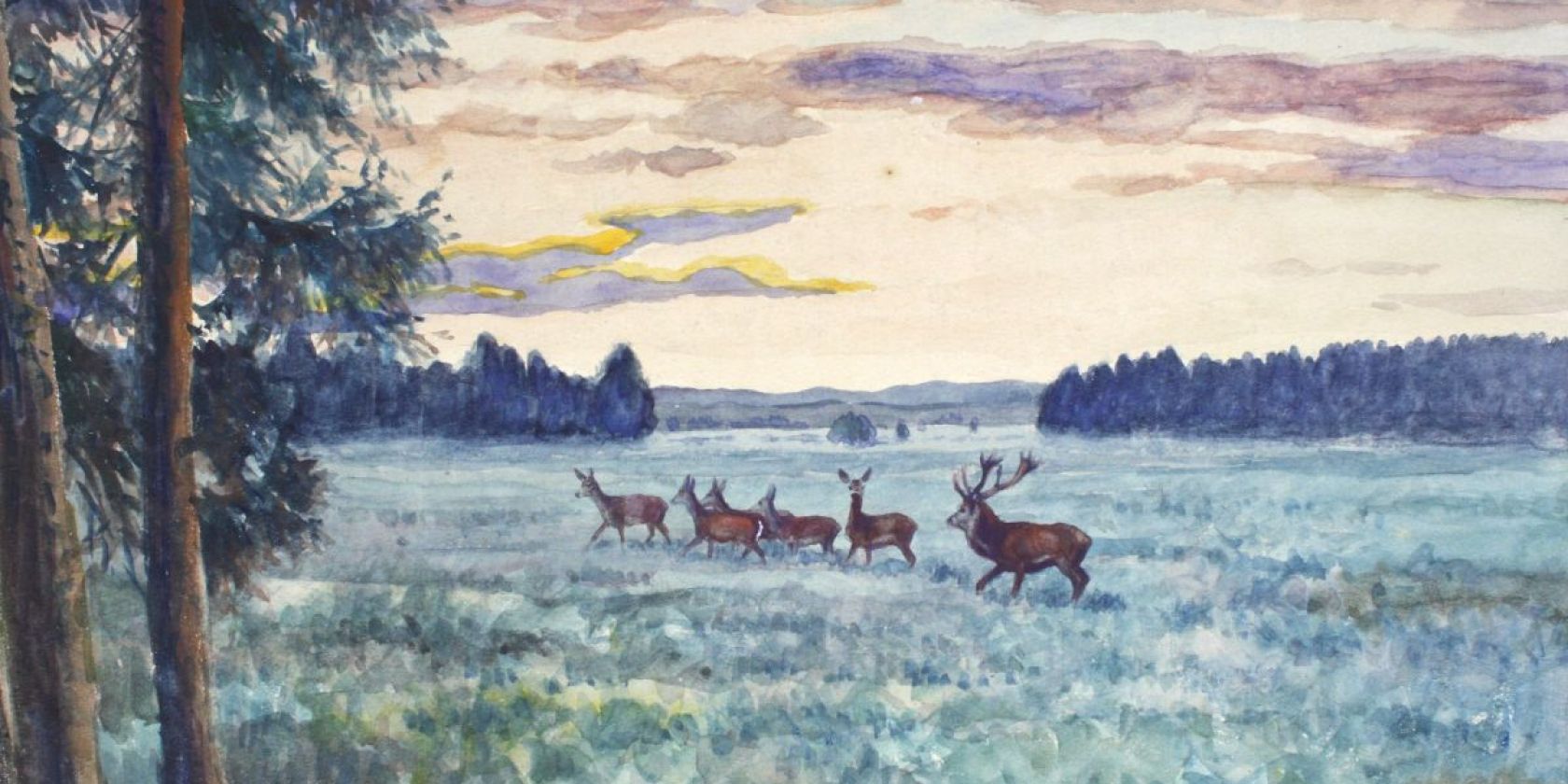 Reinhold Feussner, Hirschrudel in Rominter Heide am frühen Morgen, um 1950, © Ostpreußisches Landesmuseum