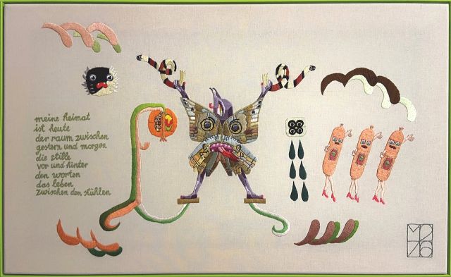 Miriam Zadil, auskunft, gesticktes Gedicht von May Ayim, 2026, Garn auf Nessel, 46 x 76 cm, &copy; Miriam Zadil