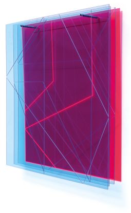lines B13, 2024, fluoreszierendes Acrylglas, gefräst, 73 x 72 x 13 cm, © Galerie Nanna Preußners & Antje Blumenstein