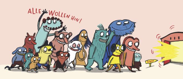 Alle wollen hin, © Illustarion: Nadia Budde aus "Die Band, die keiner kennt",  Peter Hammer Verlag, Wuppertal 2024.