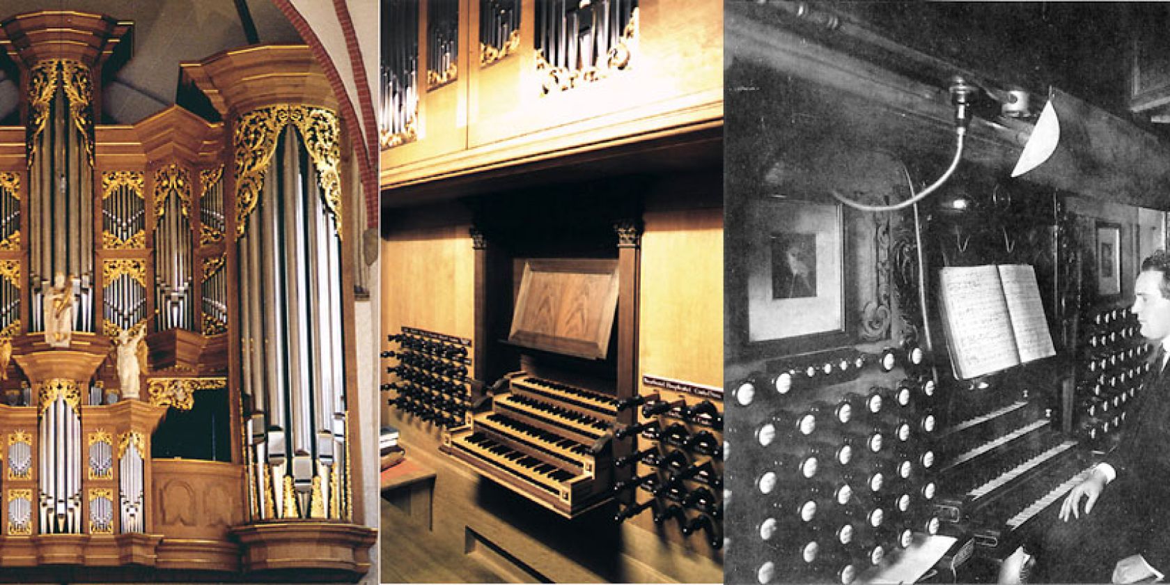 120625, © Abb.: Hans Henny Jahnn vor der Schnitger Orgel | Die Schnitger Orgel heute.  Gemeindearchiv St. Jacobi