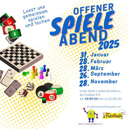 Spieleabend 2025 Übersicht Spiel-i-othek Quickborn, © Spiel-i-othek Quickborn e.V.