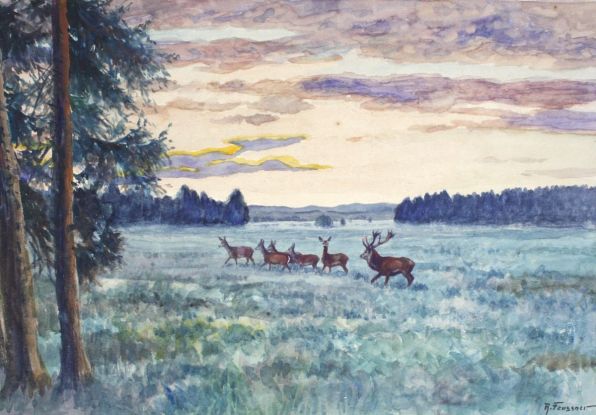 Reinhold Feussner, Hirschrudel in Rominter Heide am frühen Morgen, um 1950, © Ostpreußisches Landesmuseum