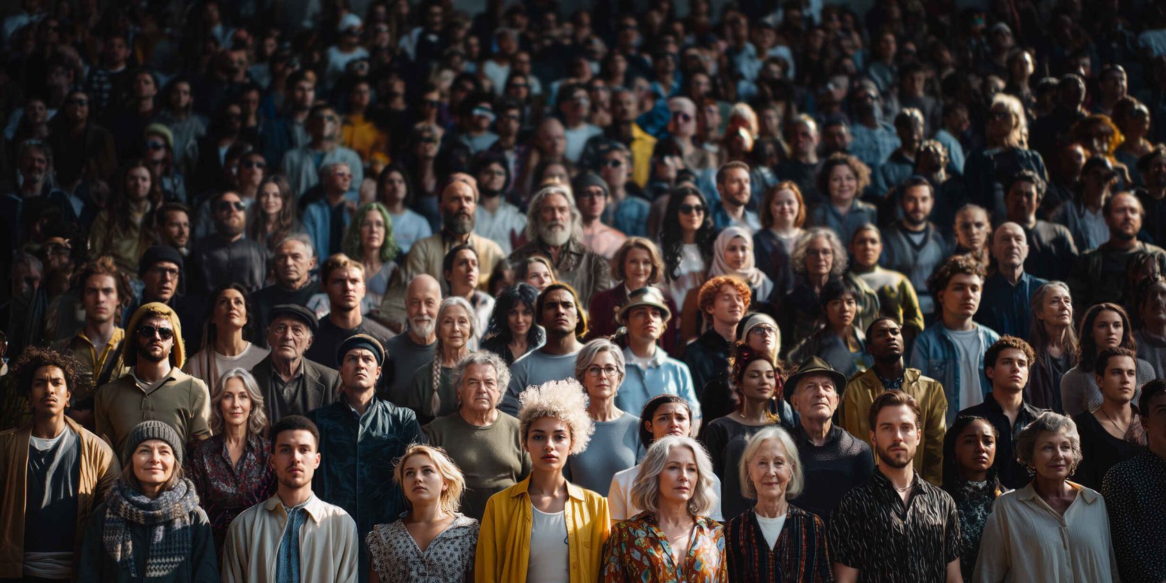Eine Menschenmenge die in die Kamera schaut, &copy; Grafik: Basics09  KI-generiert