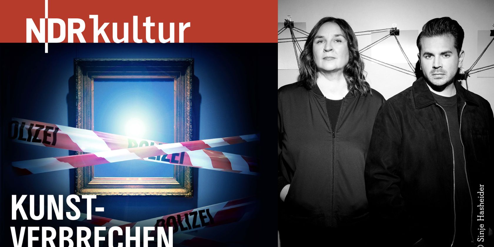 Collage from the NDR Kultur podcast logo “Art Crime” and a black-and-white photo of the two podcast hosts, dressed in dark clothing and standing in front of stretched strings. The podcast cover shows an empty picture frame with streched police tape., © Sinje Hascheider