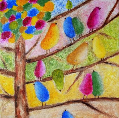 Der Lebensbaum“ nennt sich dieses farbenfrohe Bild mit den quirligen Vögeln., © kuh.gallery